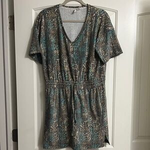Elegant Patterned Mini Dress - Teal and Brown